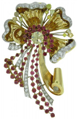 Plat/18kt yellow gold  Retro ruby & dia brooch