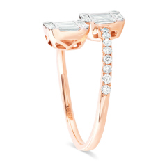 18kt rose gold round and baguette diamond bypass ring.
