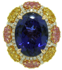 18kt rose gold oval tanzanite, diamond, and yellow and pink sapphire ring