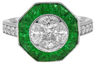 18kt white gold emerald and diamond ring.