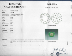 Platinum ring with transition cut diamond 1.43cts M-N SI1, emeralds and diamonds