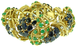 18kt yellow gold sapphire, emerald, and diamond bracelet