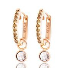 18kt rose gold burnt orange diamond hoop earrings with hanging rose cut diamond charm.