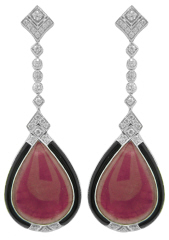 Platinum pear shape cabochon ruby, diamond, and black onyx dangle earrings