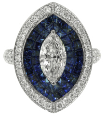 18kt white gold sapphire, round and marquise diamond ring