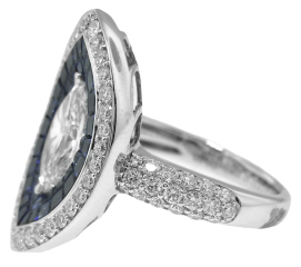 18kt white gold sapphire, round and marquise diamond ring