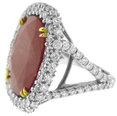 18kt white and yellow gold large cushion ruby and diamond ring