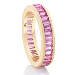 14kt yellow gold channel set baguette pink sapphire eternity band.