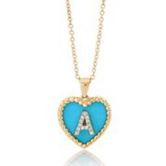 14kt yellow gold turquoise heart pendant with diamond "A" initial and beaded edge.