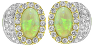 18kt two-tone opal and diamond earrings.