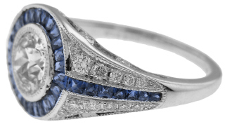 Platinum antique style ring with Old European Cut diamond .77ct J-K SI1, sapphires and diamonds