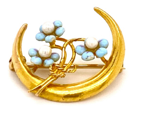 14kt yellow gold pearl and turquoise pin