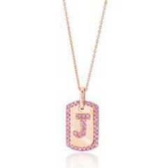 14kt rose gold pink sapphire "J" initial dog tag pendant with chain.