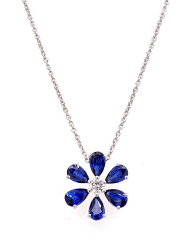 18kt white gold sapphire and diamond flower style pendant with chain.