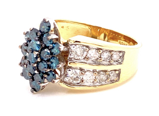 14kt yellow and white gold white diamond and irradiated blue diamond ring
