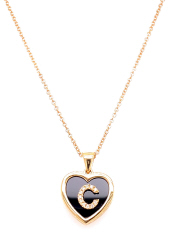 14kt yellow gold black onyx diamond initial "C" heart pendant with smooth edge.