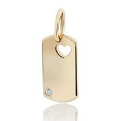 14kt yellow gold small dog tag charm with diamond and heart cut out.