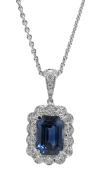 18kt white gold sapphire and diamond pendant with chain.