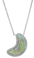 14kt white gold opal moon and diamond pendant with chain.
