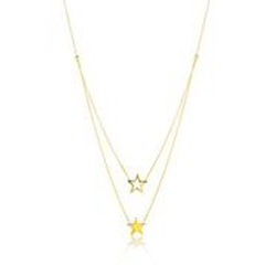 14kt yellow gold solid star and open star necklace with gold beads.