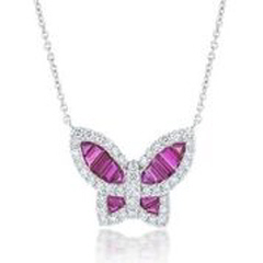 18kt white gold ruby and diamond butterfly pendant with chain.