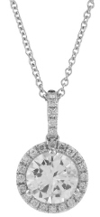 18kt white gold round diamond pendant with diamond halo and 18" chain