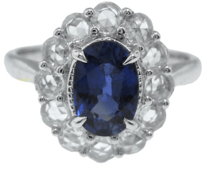 18kt white gold oval sapphire and rose cut diamond ring