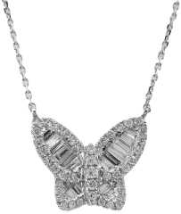 18kt white gold baguette and round diamond butterfly pendant with chain