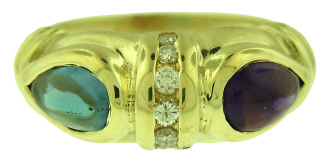 14kt yellow gold cabochon blue topaz, amethyst and diamond ring