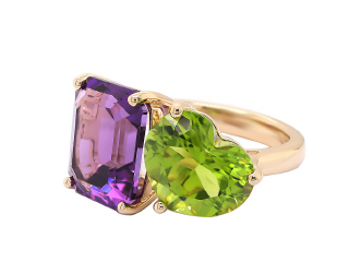 14kt yellow gold amethyst and peridot ring.