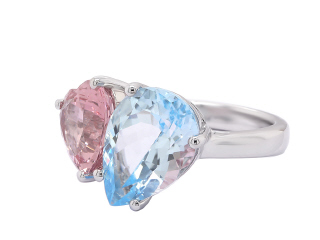 14kt white gold morganite and sky blue topaz ring.