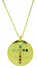 14kt yellow gold disc pendant with multi-color cross and chain.