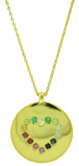 14kt yellow gold disc pendant with multi-color heart and chain.