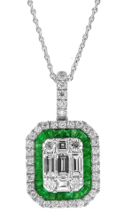 18kt white gold emerald and diamond pendant with chain.