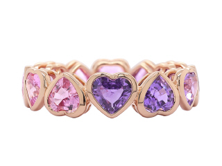 18kt rose gold pink/purple sapphire bezel set heart shape eternity band.