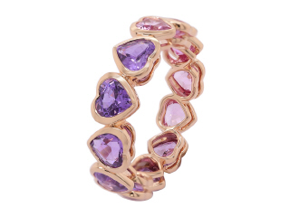 18kt rose gold pink/purple sapphire bezel set heart shape eternity band.