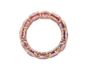 18kt rose gold pink/purple sapphire bezel set heart shape eternity band.