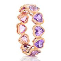 18kt rose gold pink/purple sapphire bezel set heart shape eternity band.