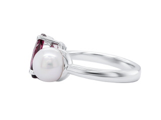 14kt white gold Rhodolite and Pearl Toi Et Moi ring.