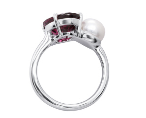 14kt white gold Rhodolite and Pearl Toi Et Moi ring.