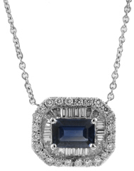 18kt white gold sapphire and diamond pendant with chain.