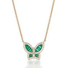 18kt yellow gold medium emerald and diamond butterfly pendant with chain.