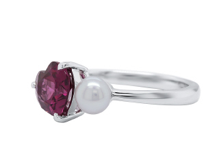 14kt white gold rhodolite heart and pearl ring