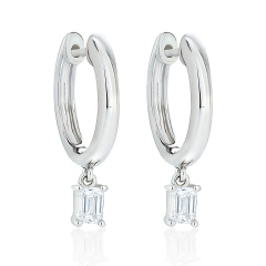 Pair 14kt white gold hoop earring with hanging emerald cut diamond.