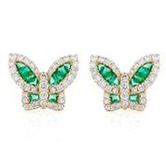 18kt yellow gold petite emerald and diamond butterfly earrings.