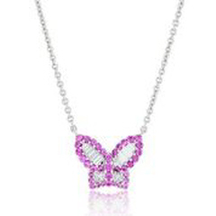 18kt white gold petite diamond butterfly pendant with pink sapphire border and chain.