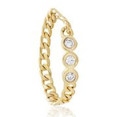 14kt yellow gold flexible chain link ring with bezel set diamonds.