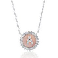 14kt white gold small pink MOP diamond "A" sun pendant with diamonds in the rays.