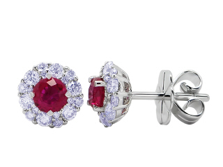 18kt white gold ruby & diamond halo stud earrings