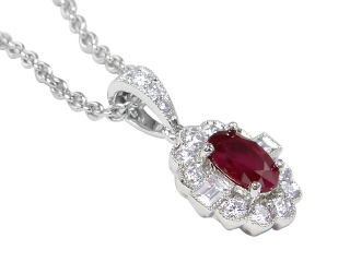 18kt white gold oval ruby and diamond pendant with chain